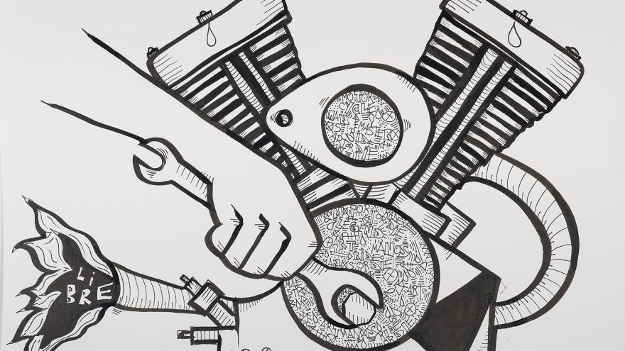 DAVID VAAMONDE. Serie Elogio de lo manual, 2022. Tinta sobre papel. Colección Zuloaga Dibujo de una mano con una llave inglesa ajustando piezas