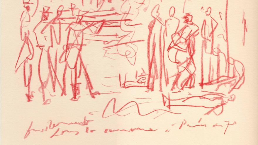 Dibujo en color rojo sobre blanco con un grupo de hombres
