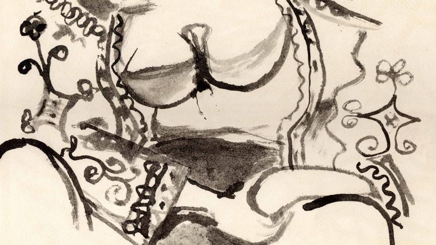 Dibujo cubista de una mujer sentada en el suelo