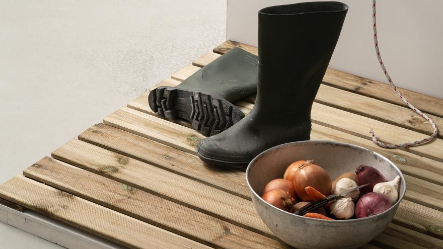 Botas de agua y un frutero sobre madera