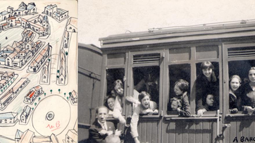 Dibujo de una ciudad y fotografía de jóvenes en un tren