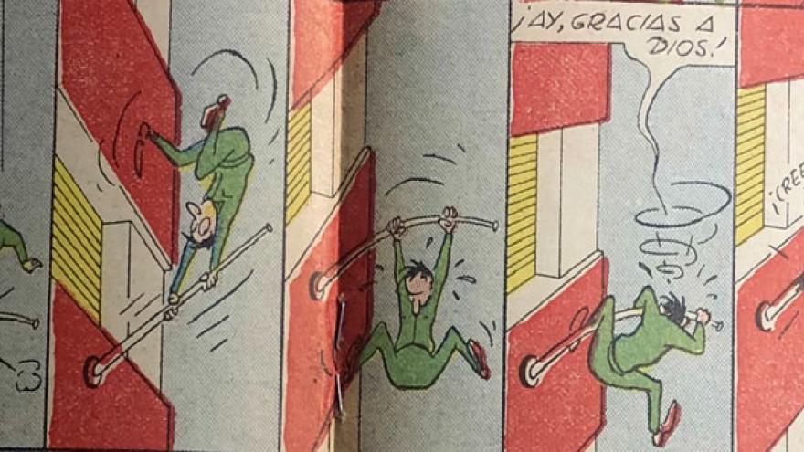 Viñeta de un tbo con un personaje colgando de una ventana