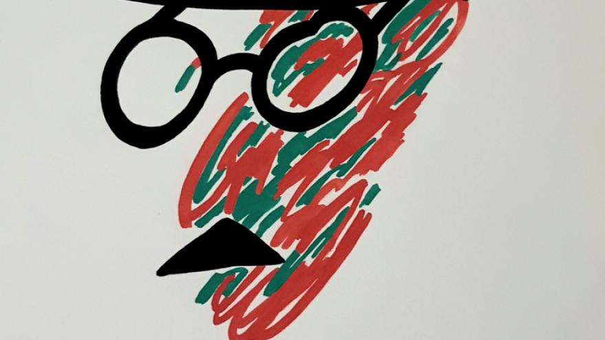 Dibujo de hombre con sombrero, gafas, bigote y pajarita