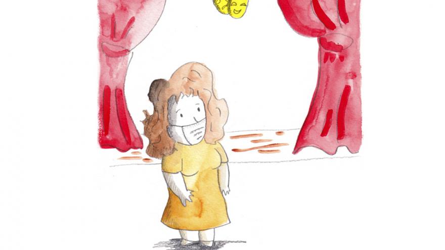 Dibujo de una mujer frente a un escenario
