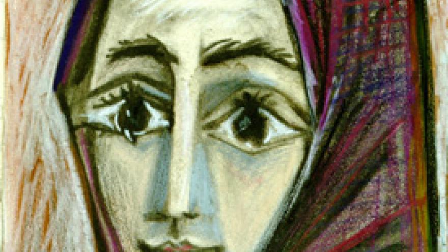 Dibujo de una mujer con grandes ojos y pañuelo morado en la cabeza
