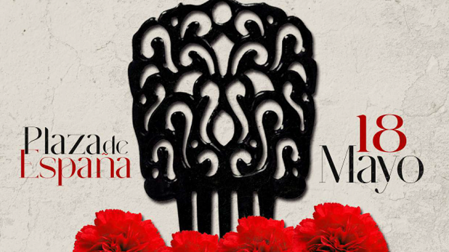 Cartel de la Feria, peineta negra y 4 claveles rojos