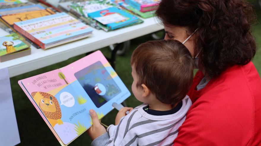 Madre con su hijo viendo un libro