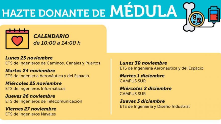 Calendario con lugares y fechas para registrarse como donante de médula.