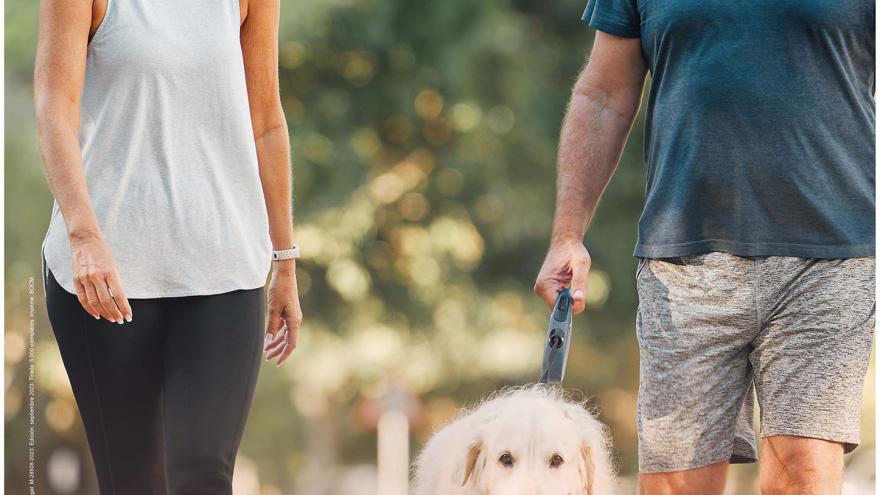 pareja personas mayores paseando al perro