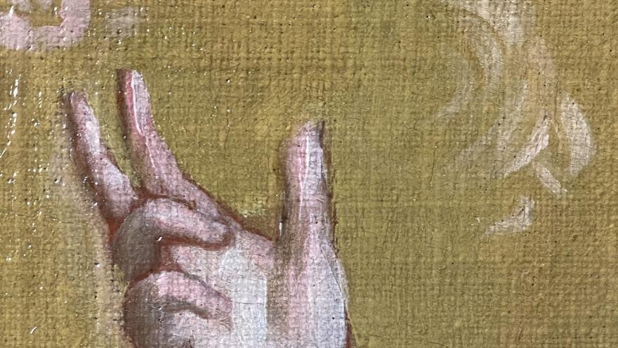 Lienzo Dios Padre, detalle, dedo bendiciendo de Dios Padre después de su restauración