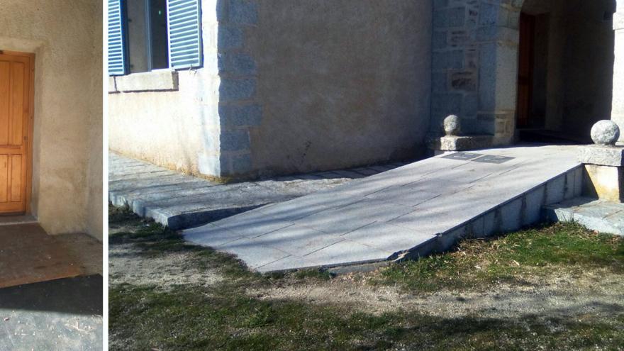 A la izquierda puerta de madera, a la derecha rampa de acceso y puerta con jambas de piedra