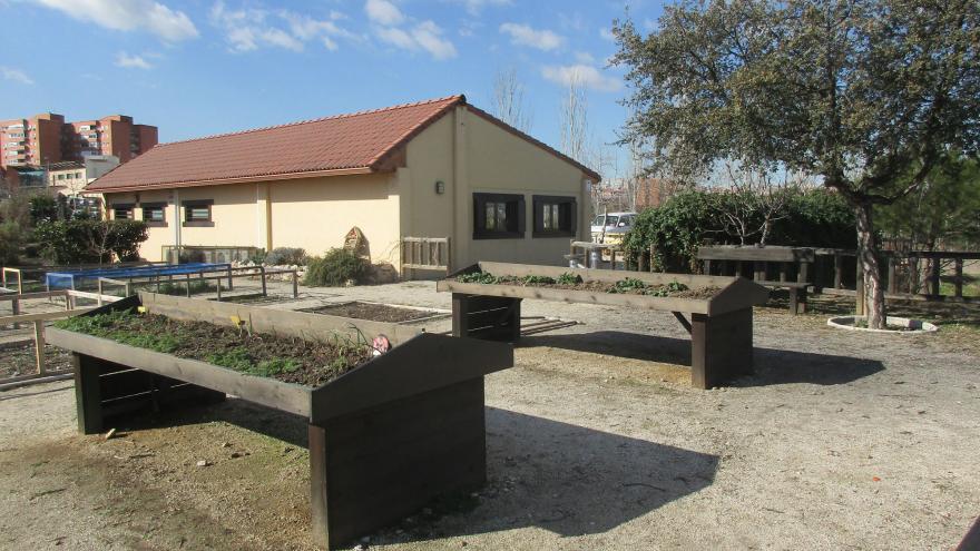 Mesas de cultivo en primer plano y edificio del centro al fondo