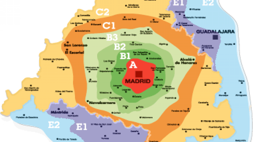 Mapa de la Comunidad de Madrid con las distintas coronas tarifarias del Abono Transportes