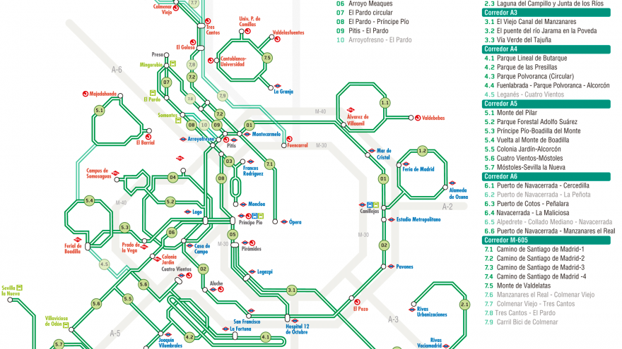 Esquema de la Comunidad de Madrid con las Rutas Verdes numeradas