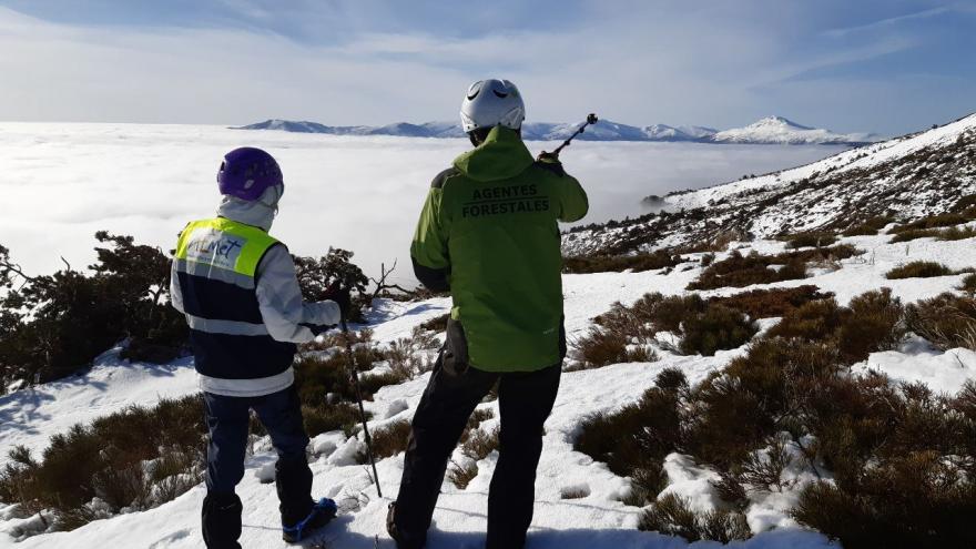 La Comunidad de Madrid despliega medio centenar de sondeos en la nieve para evaluar su estado y prevenir el riesgo de aludes Agentes Forestales observando la nieve para evitar aludes