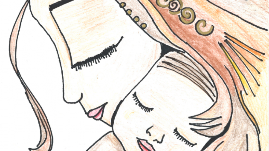Dibujo de la Virgen María con el niño en brazos