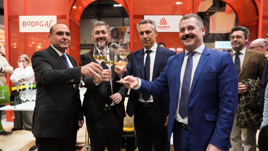 Los consejeros Miguel Ángel García, Carlos Novillo y Mariano de Paco Serrano durante la presentación del Año del Enoturismo