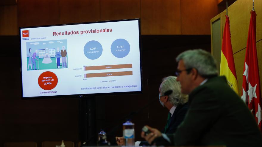 Enrique Ruíz Escudero presenta los resultados preliminares del estudio de investigación SeroVac en centros sociosanitarios El consejero sentado a la mesa mostrando en una pantalla grande los datos del estudio