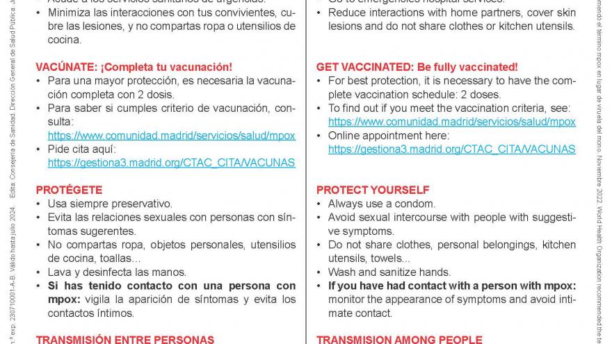 cartel con síntomas, precauciones y transmisión del mpox en español e inglés