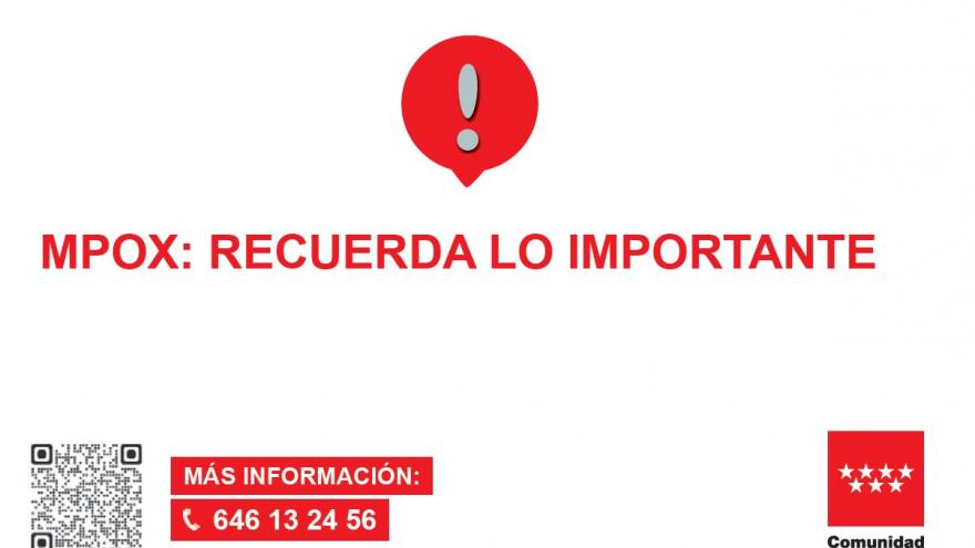 tarjeta con aviso de exclamación sobre círculo rojo y leyenda "Mpox: recuerda lo importante"