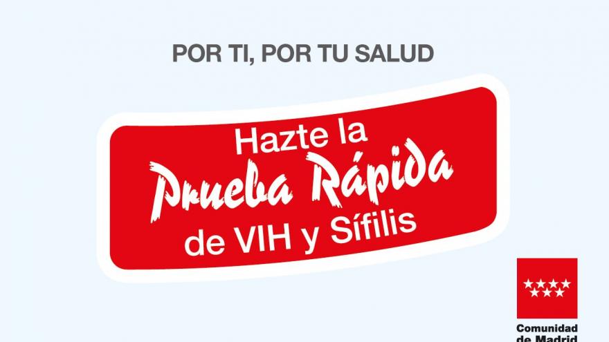 tarjeta azul clara con mensaje "hazte la prueba rápida de vih y sísfilis" sobre bandera roja