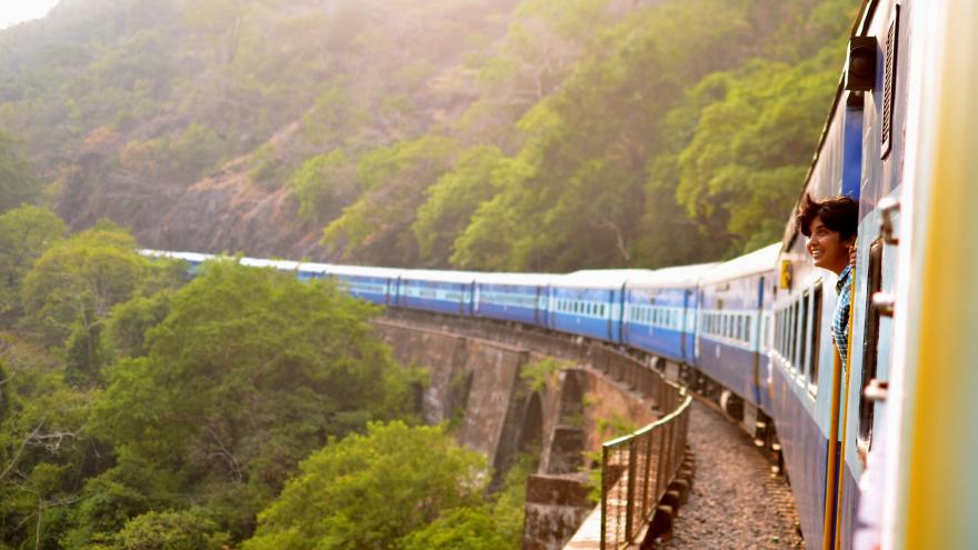 Tren pasando en un paisaje verde con una chica asomándose