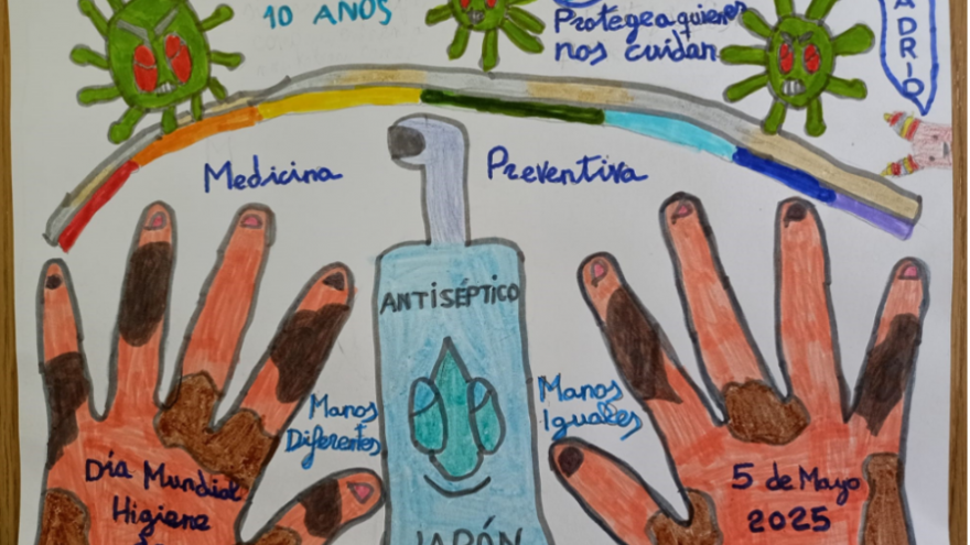 Dibujo infantil de manos sucias y un bote de gel