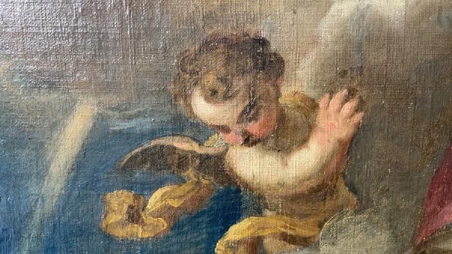 Lienzo Dios padre, detalle de un angél  junto a una nube antes de su restauración