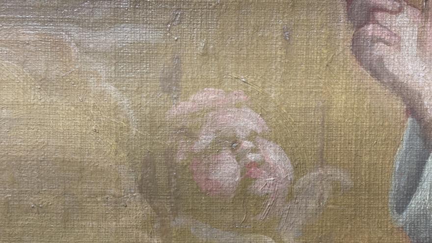 Lienzo Dios Padre, detalle ángel y parte del dedo bendiciendo de Dios Padre antes de su restauración