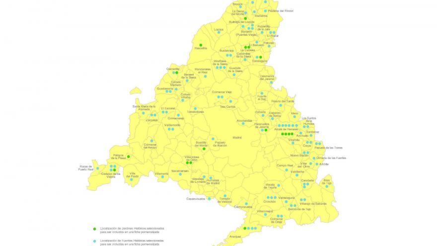 mapa de la comunidad de Madrid con la localización de las fuentes y jardines restaurados