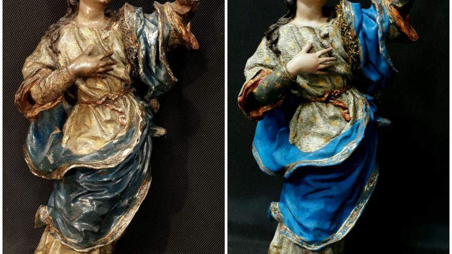 comparativa dos tallas escultóricas de la virgen antes y después de su restauración