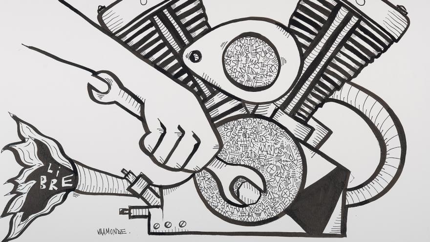 Dibujo de una mano con una llave inglesa ajustando piezas