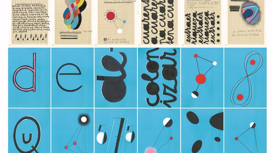 Obra de arte hecha con cuadrículas con dibujos y letras