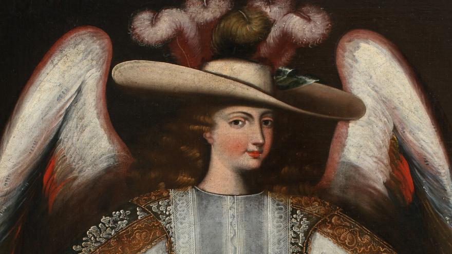 Arcángel Ariel en un cuadro virreinal Hombre alado  tocado con sombrero