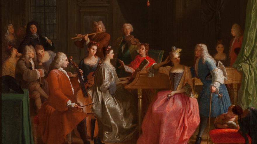 Michel Ange Houasse. Velada musical Palacio Real de La Granja de San Ildefonso Pintura que representa un grupo de personajes de época reunidos en una velada musical