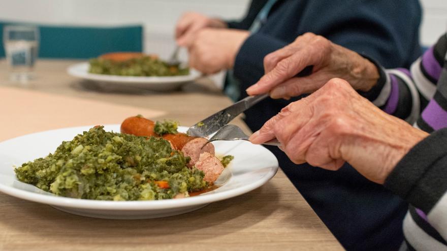 Manos con cubiertos y plato con comida