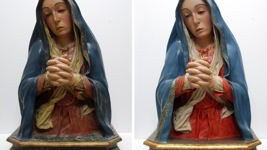 Virgen de los Dolores antes y después de la intervención imagen comparativa de la escultura antes y después