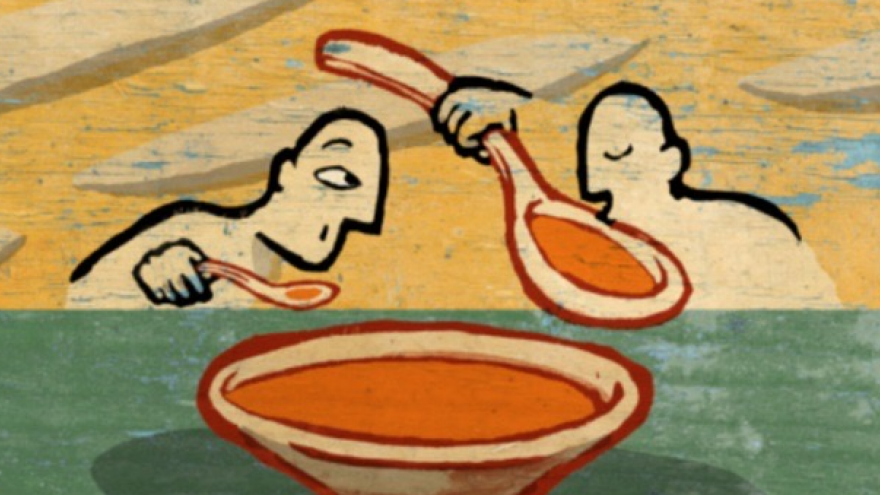 Ilustración de dos figuras humanas tomando sopa con cucharas desiguales