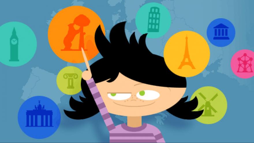 Dibujo de niña y de varios símbolos de ciudades europeas