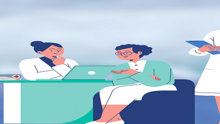 Atención al paciente Comunidad de Madrid Dibujo con tres personas sanitarias alrededor de una mesa