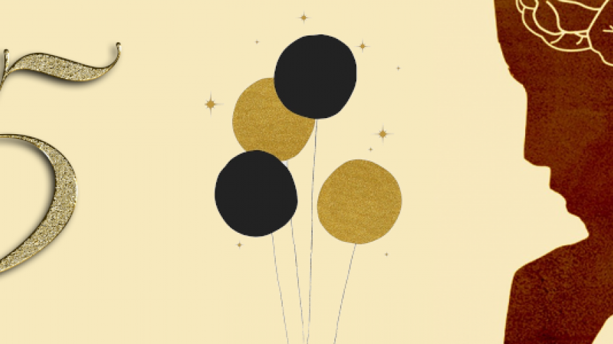 Imagen con el número 25, globos y una persona pensando
