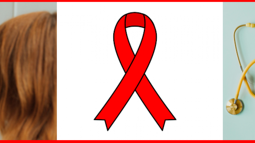 Imagen de médico con paciente, lazo rojo y corazón un fonendo y mascarilla