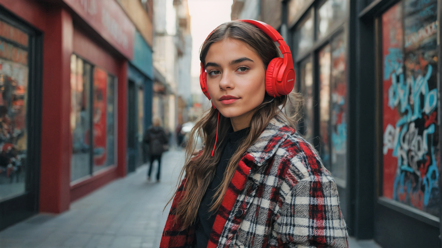 Chica con camisa de cuadros y auriculares rojos en la cabeza