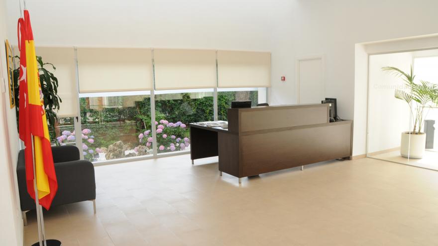 Mostrador de recepción con plantas decorativas y banderas de la RM San José Recepción de la RM San José