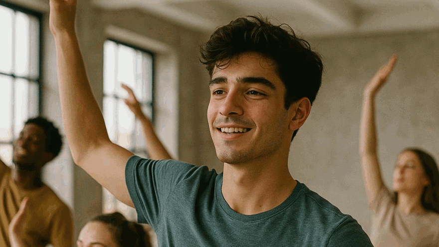 joven bailando con el brazo levantado y sonriendo, rodeado de gente bailando