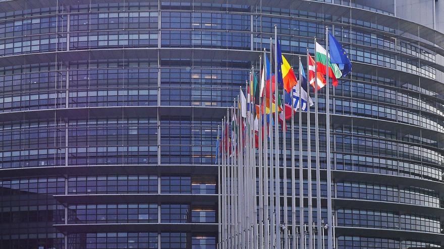 Banderas frente a la fachada del Parlamento Europeo