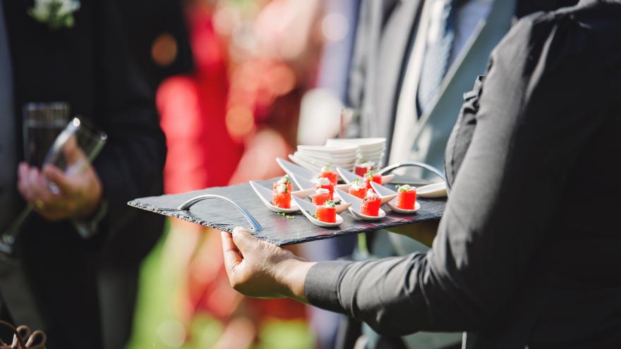 Camarero sirviendo canapés en evento al aire libre