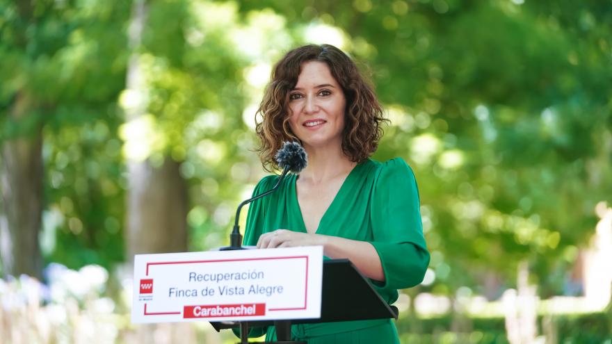 Díaz Ayuso anuncia que la Finca Vista Alegre de Carabanchel podrá visitarse todos los días desde septiembre con horario ampliado La presidenta durante su intervención