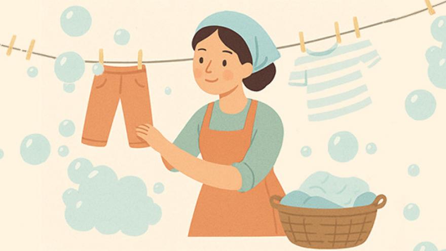 Imagen decorativa, dibujo de lavandera, ropa tendida