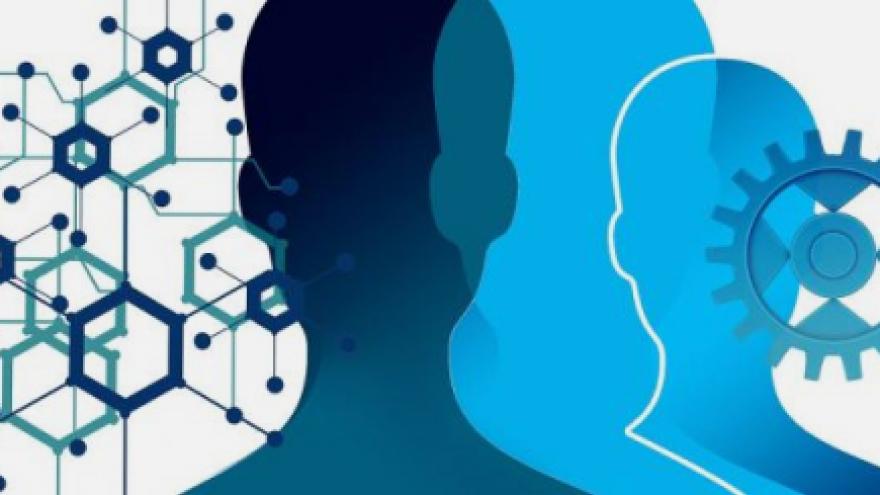 Ilustración que muestra la silueta de una persona con fondo de engranajes